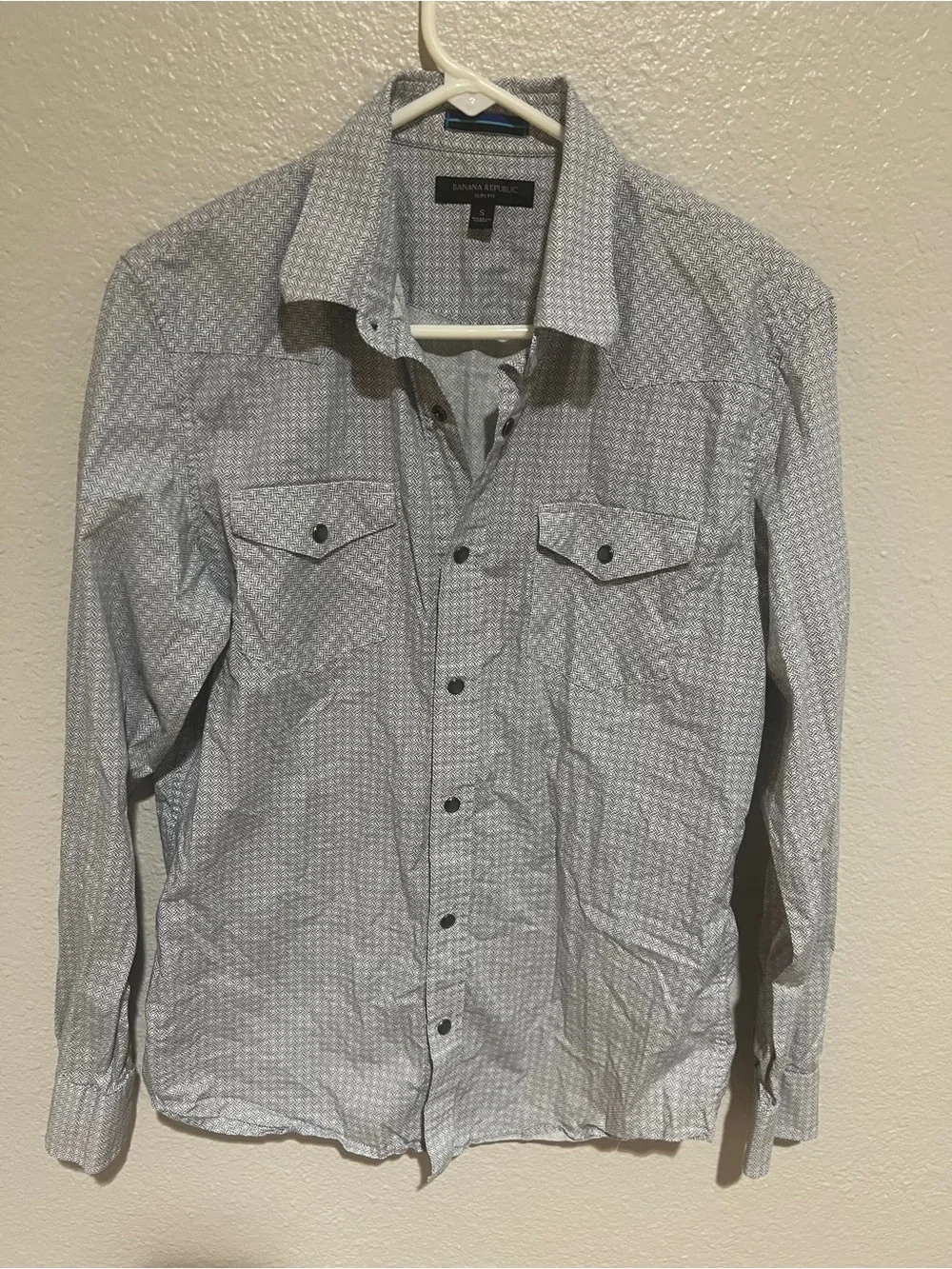 Banana Republic Light Blue & White Micro-Pattern Snap Button-Down Shirt Small